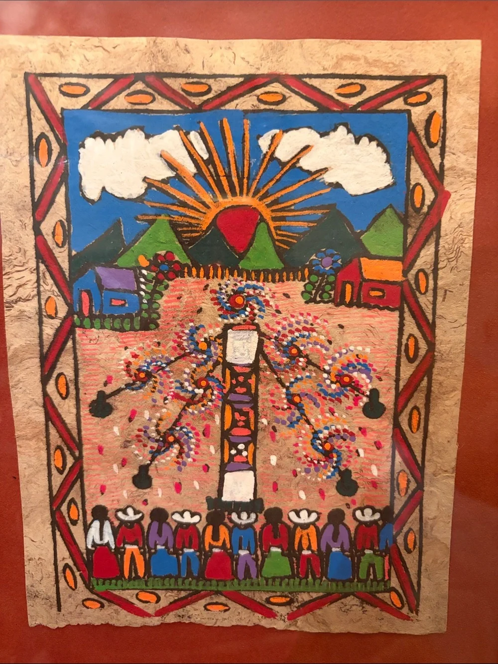 Framed Mexican Folk Art Wall Decor Amate Harvest Festival 12.5” x 10.5” aprox #1